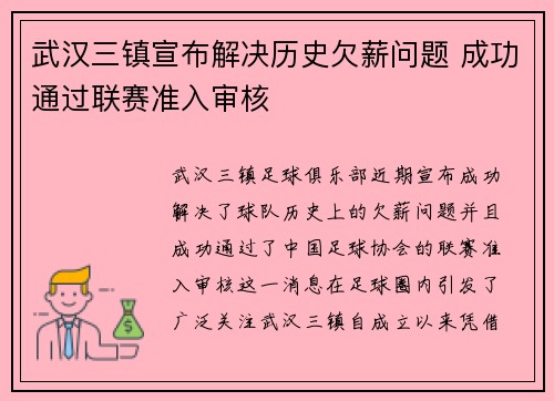 武汉三镇宣布解决历史欠薪问题 成功通过联赛准入审核